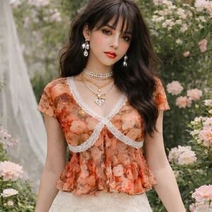 Rebellious Dreamer Floral Babydoll Top Women M Lace Forest Fairy Coquette Boho